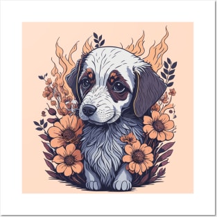 Cute puppy with Flowers Posters and Art